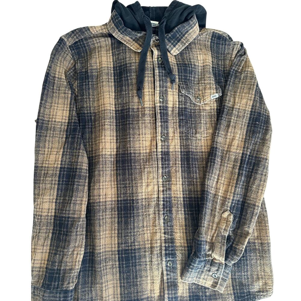 Vans Off The Wall Hooded Flannel Shirt Mens Medium Plaid Button Up Skatewear